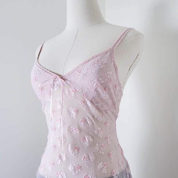 Y2K Lace Camisole Pastel Pink Sheer Mesh Slip Nightgown Tank Top - Picture 5 of 12